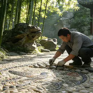 别墅庭院景观铺装卵石路面石材园路铺装园林