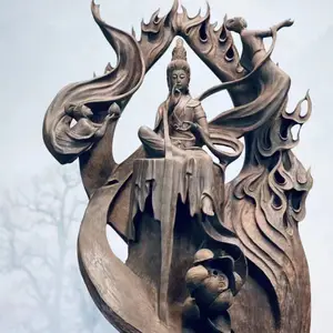 自在观音菩萨敦煌飞天佛像乌木工艺品木雕摆件