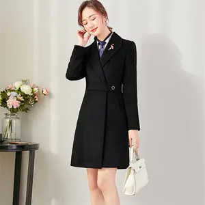 黑色中长款毛呢大衣女士秋冬季呢子外套4S店售楼部半大衣修身工装