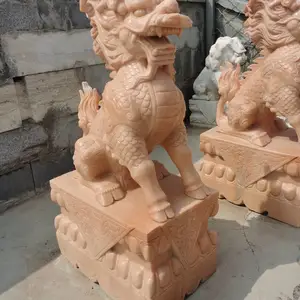 现货晚霞红石雕麒麟一对 大理石汉白玉麒麟 庭院门口瑞兽雕塑