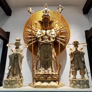香樟木雕刻寺庙千手千眼观世音菩萨 站像带背光千手观音佛像定制