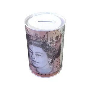 英磅图案马口铁存钱罐 直径100MM圆形铁质储钱罐