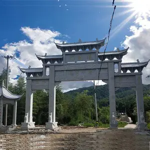 农村中式花岗岩三门石牌坊 路口石牌楼造型美观