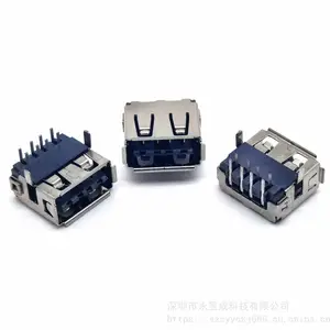 USB连接器 2.0AF/A母 双面插 90度插板DIP 双排针 直脚 卷边 黑色胶芯