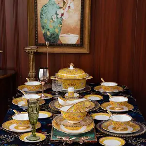 创意珐琅彩陶瓷餐具厂 手工贴花 58头餐具碗盘碗筷