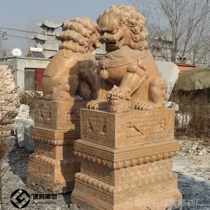 厂家直销石狮子 传统晚霞红石材狮子 看门石雕狮子