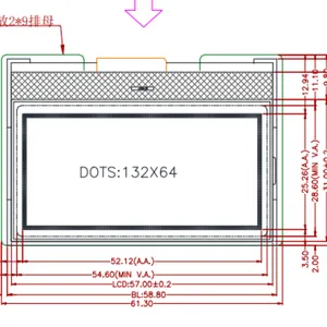 13264常规款132X64图形点阵COG配支架背光 带板 (size: 61.3X41.7X13.5mm)