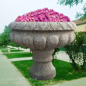 黄锈石石雕花钵 石雕水钵花盆 黄金麻石材花盆 中式花钵