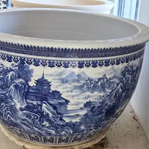 书房庭院青花瓷大缸 全手绘重工陶瓷大水缸 加厚落地办公室瓷缸摆件