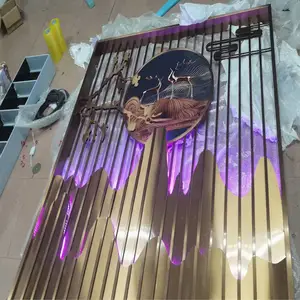 新中式山水画屏风定制 不锈钢假山隔断装饰售楼部金属山脉背景墙
