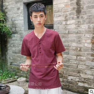 中国风新款男装棉麻短袖t恤男短袖宽松V领夏季休闲体恤男