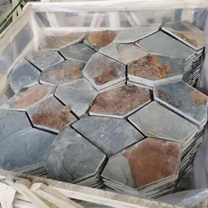 不规则锈色冰裂纹网贴石 锈板碎拼多边形石材厂家