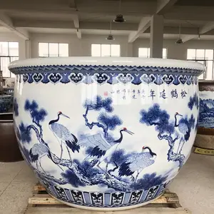 景德镇陶瓷重工手绘青花松松鹤延年庭院大缸门海摆件睡莲碗莲