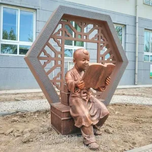 铸铜小孩读书雕塑 校园景观雕塑小品