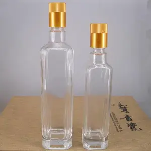 徐州出口玻璃瓶厂家定制500ml白色印花八角玻璃橄榄油瓶配套塑料瓶盖