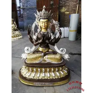 四臂观音佛像纯铜铸造大型藏传黄铜一米千手观音密宗铜像厂家