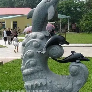 园林景观水景动物摆件、石雕海豚雕塑、石雕喷水海豚、石雕海豚