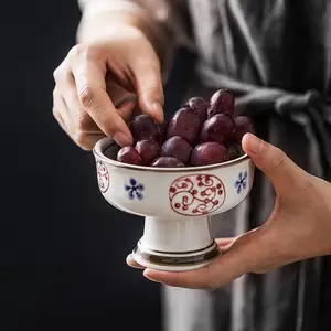 中式高脚禅意点心碟 家用仿古茶点碟 复古陶瓷贡品佛盘创意高脚碗