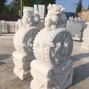 石雕门墩抱鼓石一对天然汉白玉青石晚霞红小象庭院******摆件