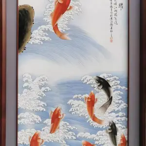 手绘家居陶瓷工艺品 海阔凭鱼跃装饰瓷板画 办公室酒店大厅摆设