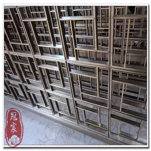 周村区酒店餐厅青古铜折叠屏风隔断 售楼部不锈钢圆弧装饰线条