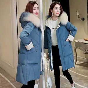 19新款冬季连帽棉服毛领印花中长款棉服外套棉服女 双龙精品服装城 零库存女装***