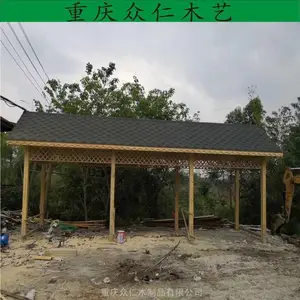 荣昌景区景观长廊 芬兰木茅草长廊 防腐木传统木结构长廊施工安装 众仁木艺