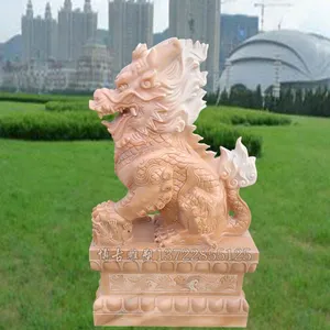 石雕麒麟 门口手工雕刻晚霞红石雕麒麟