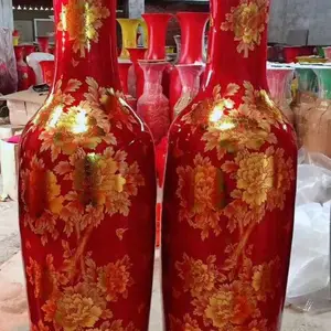 喜庆红色大花瓶批发 金色牡丹落地大花瓶图片 景德镇花瓶厂