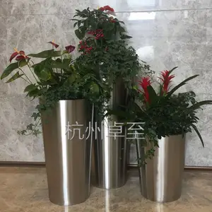 家用酒店商场写字楼展厅室内大堂简约不锈钢金属花器 花瓶 花盆