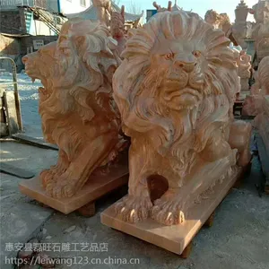福建惠安石雕狮子 晚霞红欧式石狮摆件******酒店银行别墅门口