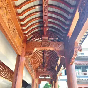 古建长廊天花吊顶定制 实木手工雕花吊顶 庭院仿古廊道装饰