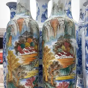 景德镇陶瓷手绘鸿运当头五彩山水落地大花瓶公司酒店装饰开业摆件