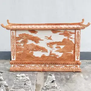 新中式石雕晚霞红浮雕别墅庭院大理石影壁墙景观摆件