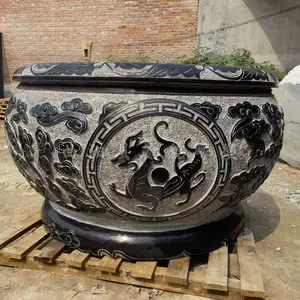 石雕花盆青石鱼缸制作厂家定做石缸 荷花缸莲花图案花盆大院摆放