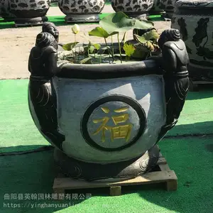 石雕流水鱼缸 青石仿古荷花缸 雕刻人物 别墅庭院公园石盆装饰摆件
