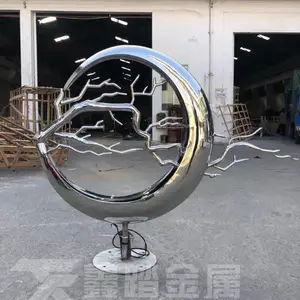 定制现代水景不锈钢雕塑摆件 手工锻造镜面不锈钢圆环与树枝雕塑