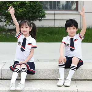 中山厂家供应私立幼儿园园服白色纯棉幼儿园园服小学生班服短袖套装110-140cm