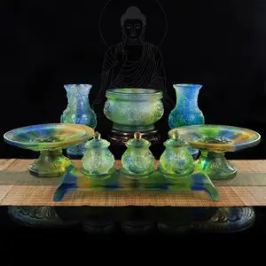 古法琉璃佛前家用室内佛堂莲花八吉祥供佛桌面用品供水果盘摆件