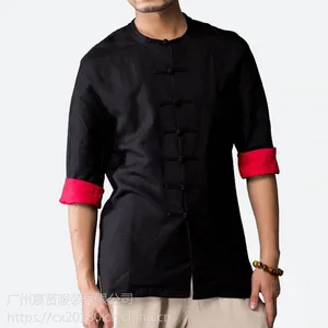 2018春季新款男士立领亚麻上衣开衫棉麻短袖衬衣麻料衬衫衣服#214接单来样生产