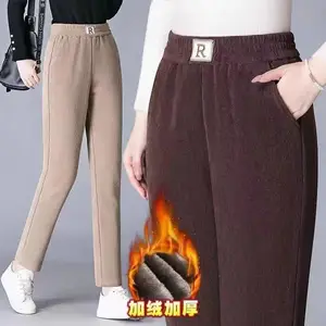 灯芯绒直筒裤女式高腰弹力条绒裤子秋冬大码妈妈加绒加厚休闲西裤