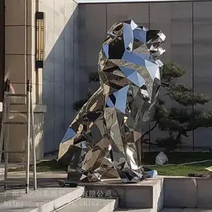 艺尔美狮子镜面几何不锈钢雕塑 户外大型镂空黄铜狮子摆件