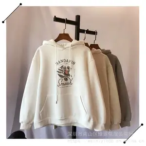 精品***秋冬款女装库存韩版宽松加绒印花连帽卫衣上衣尾货夜市地摊货源