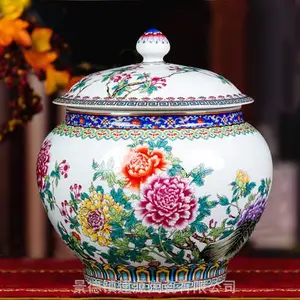 陶瓷大号茶叶罐 储物罐家用中式米缸花鸟罐盖罐密封罐描金罐
