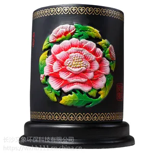 金乌炭雕活性炭工艺品富贵芙蓉笔筒