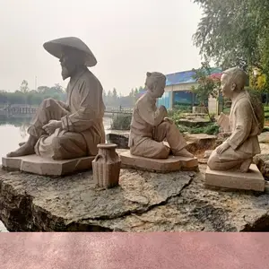 景观人物石雕订做 石刻马拉车雕塑 石头孩童牧牛雕像图