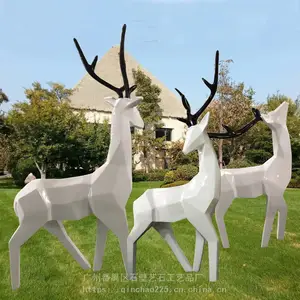 绿化草坪玻璃钢仿真梅花鹿|几何切面白色抽象鹿|庭院装饰梅花鹿雕塑摆件