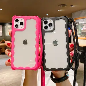 适用外贸新款苹果12pro max手机壳tpu撞色透明iphone 11挂绳保护套厂家