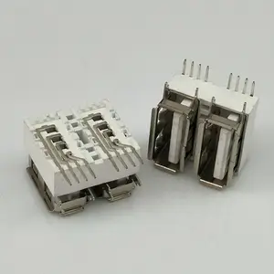 A母 USB 2.0 双层母座 8P 90度侧插DIP 鱼叉脚 分体式 卷边 白色胶芯