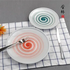 莹林创意手绘陶瓷餐具 平边浅盘 西餐牛扒平圆盘寿司平盘 圆菜盘